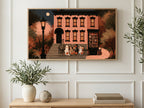 Brownstone Trick or Treat art on a TV in a living room