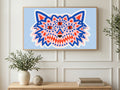 Three-Eyed Wolf art on a TV in a living room