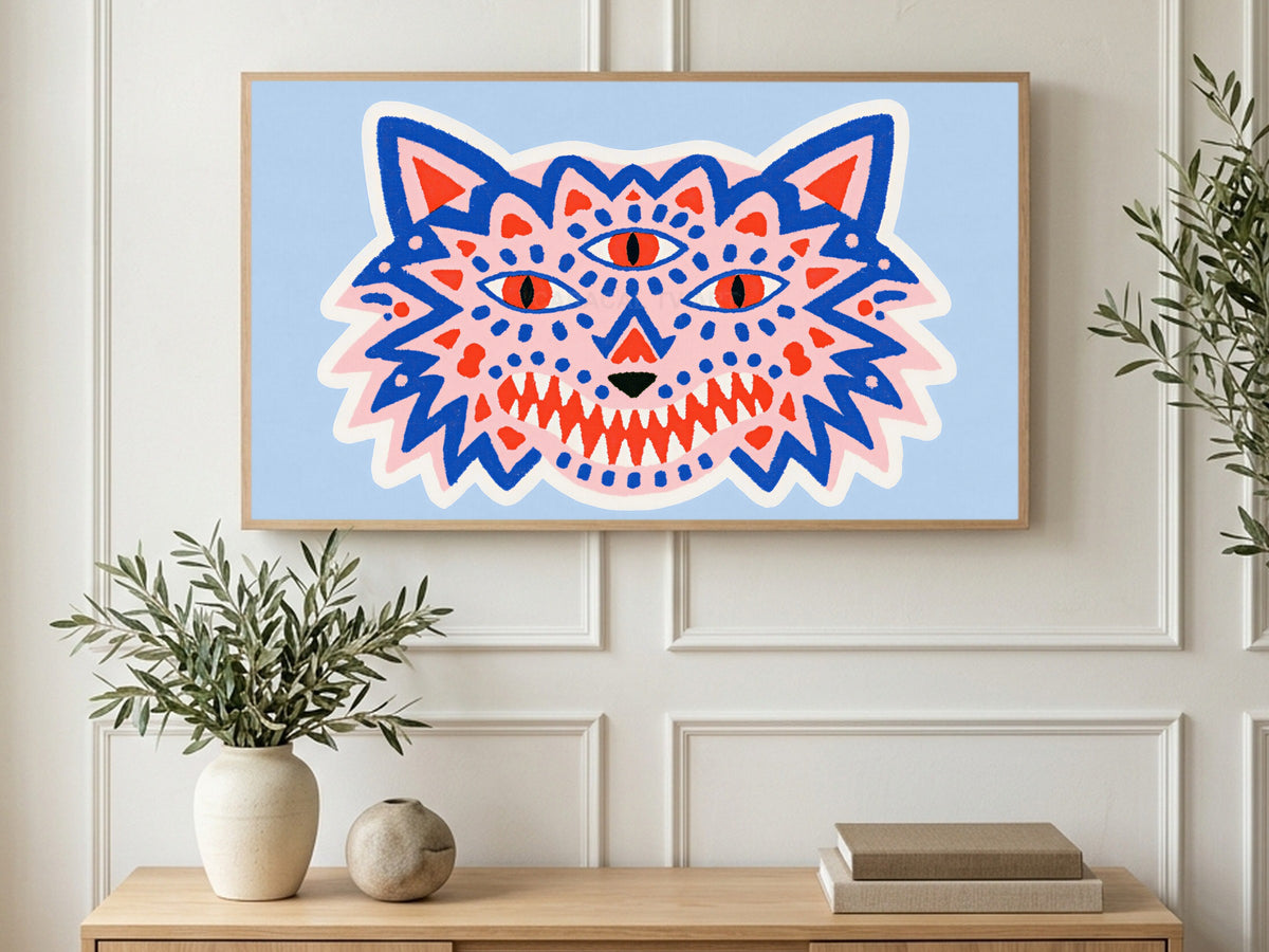 Three-Eyed Wolf art on a TV in a living room