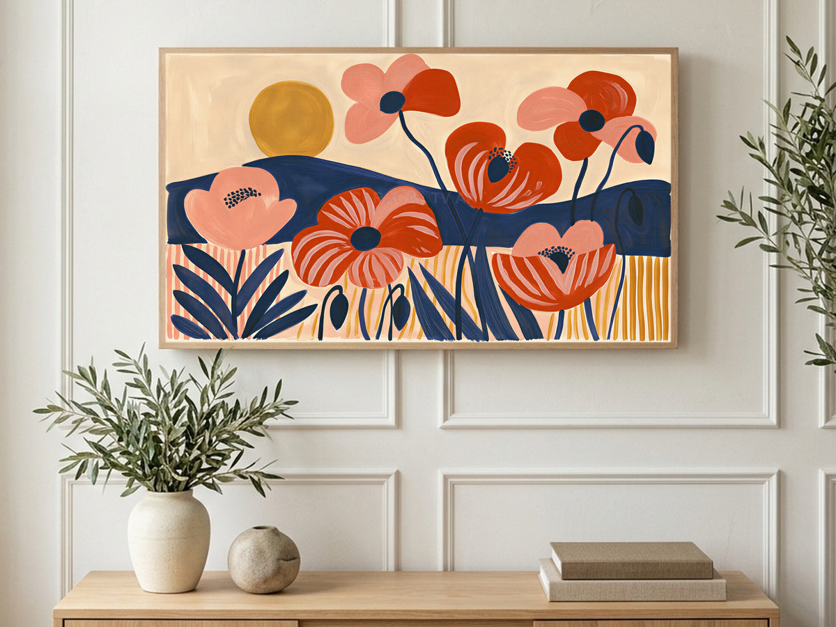 Mid Century Poppy Hills art on a TV in a living room