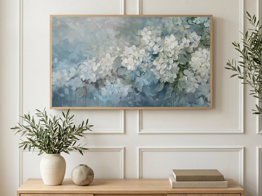 Dusty Blue Hydrangeas art on a TV in a living room