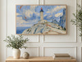 Swirling Sky Lighthouse art on a TV in a living room