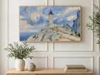 Swirling Sky Lighthouse art on a TV in a living room