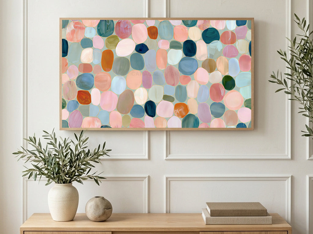 Pastel Pebble Mosaic art on a TV in a living room