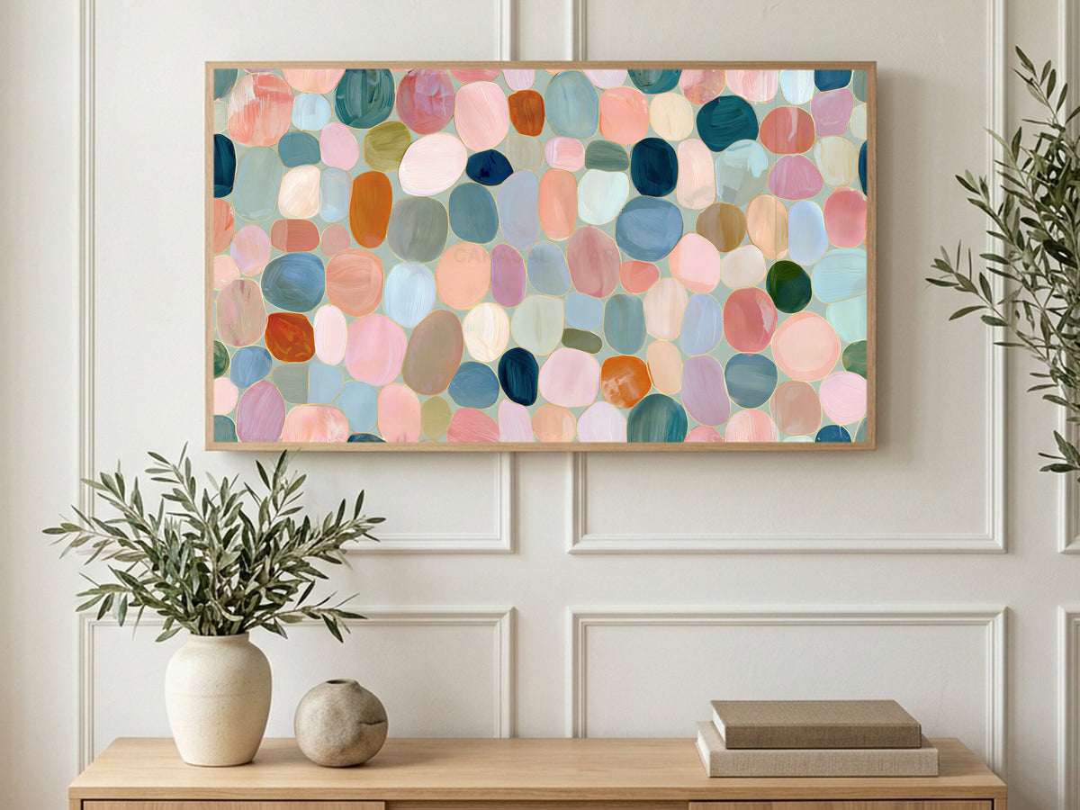 Pastel Pebble Mosaic art on a TV in a living room