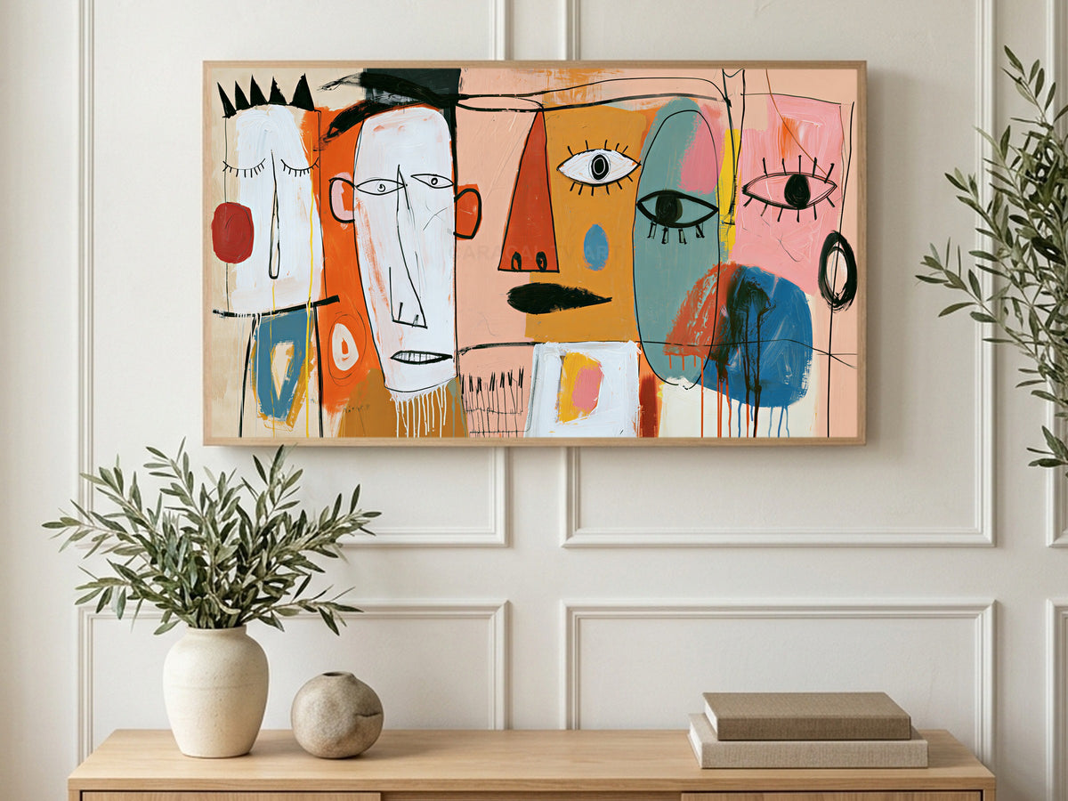 Naive Faces with Drips art on a TV in a living room