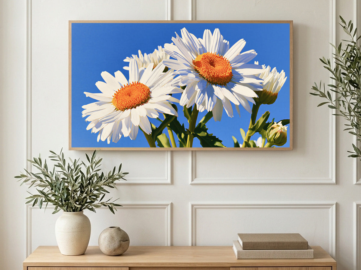 Daisies in Blue Sky art on a TV in a living room