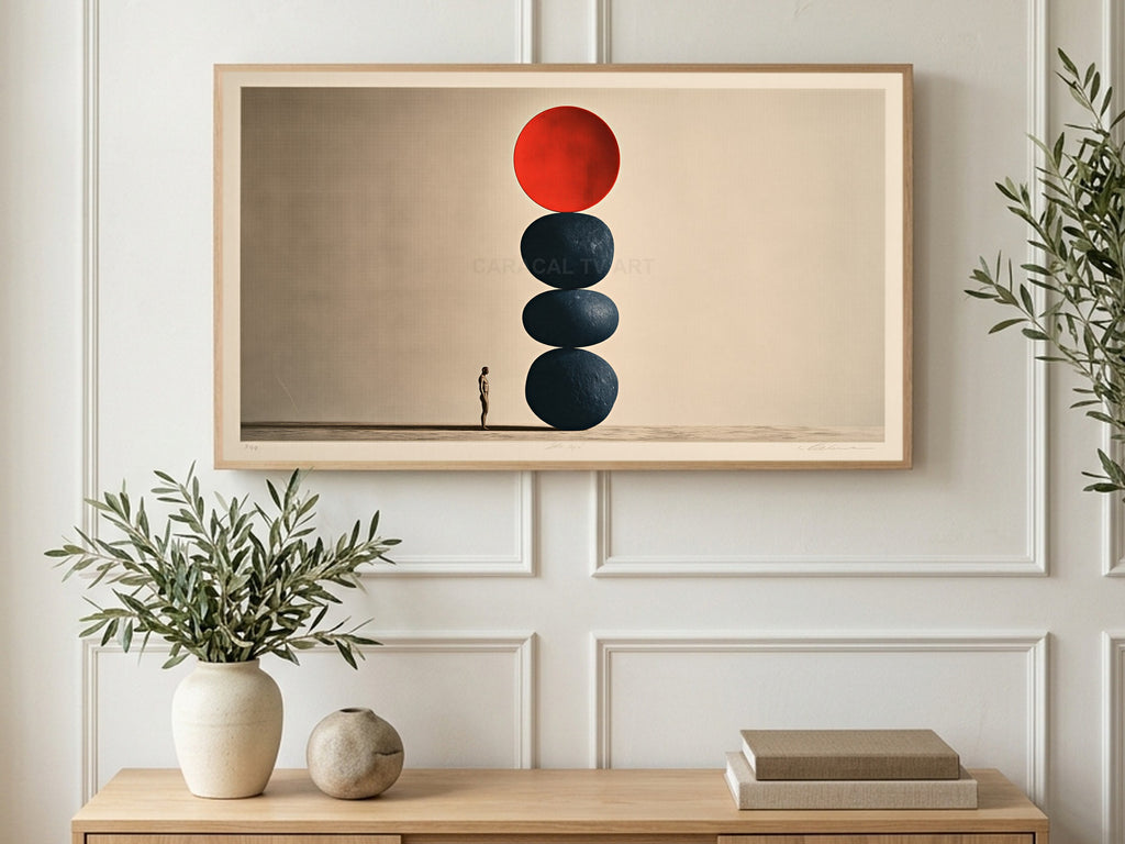 Red Sun Stone Stack art on a TV in a living room