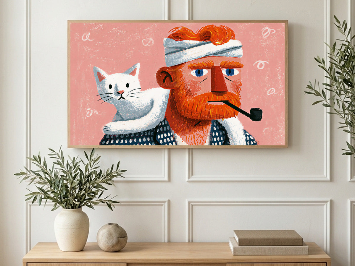 Pipe and White Cat art on a TV in a living room