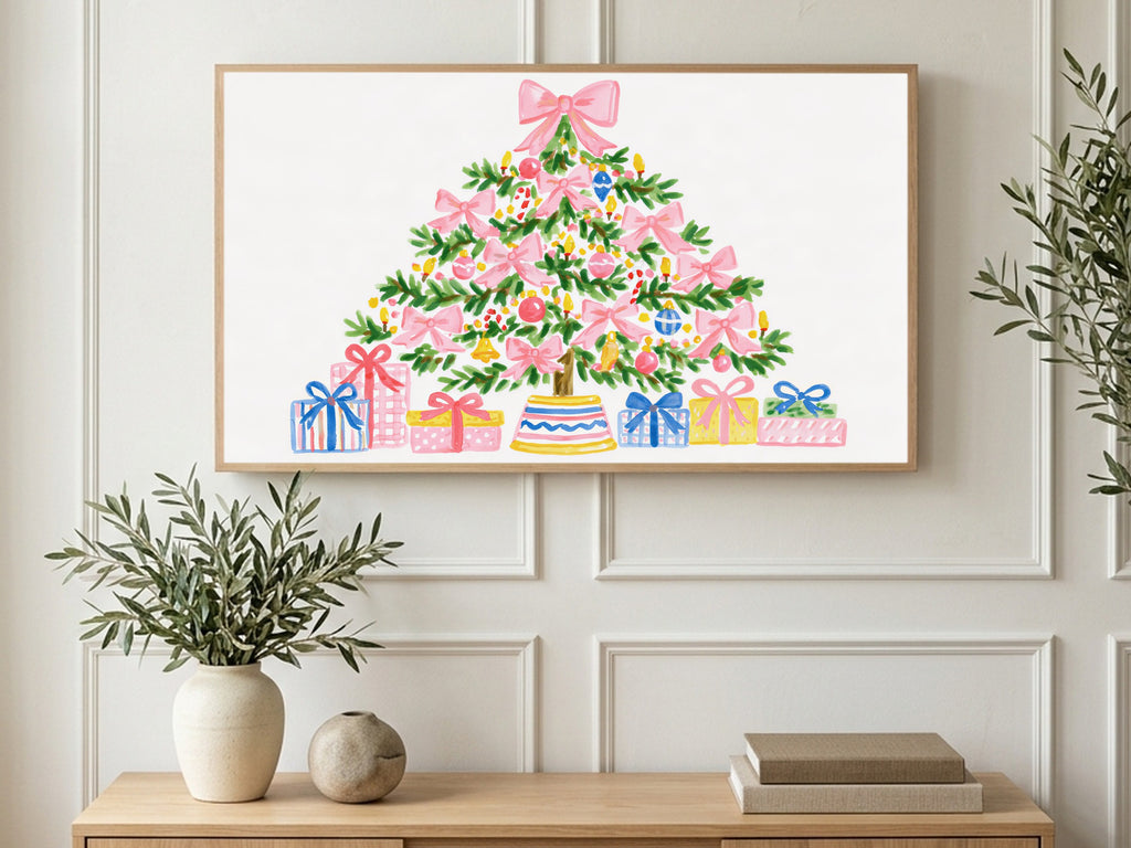 Pink Bow Tree art on a TV in a living room
