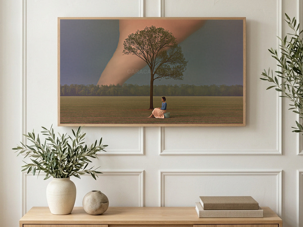 Lone Tree Before Storm art on a TV in a living room