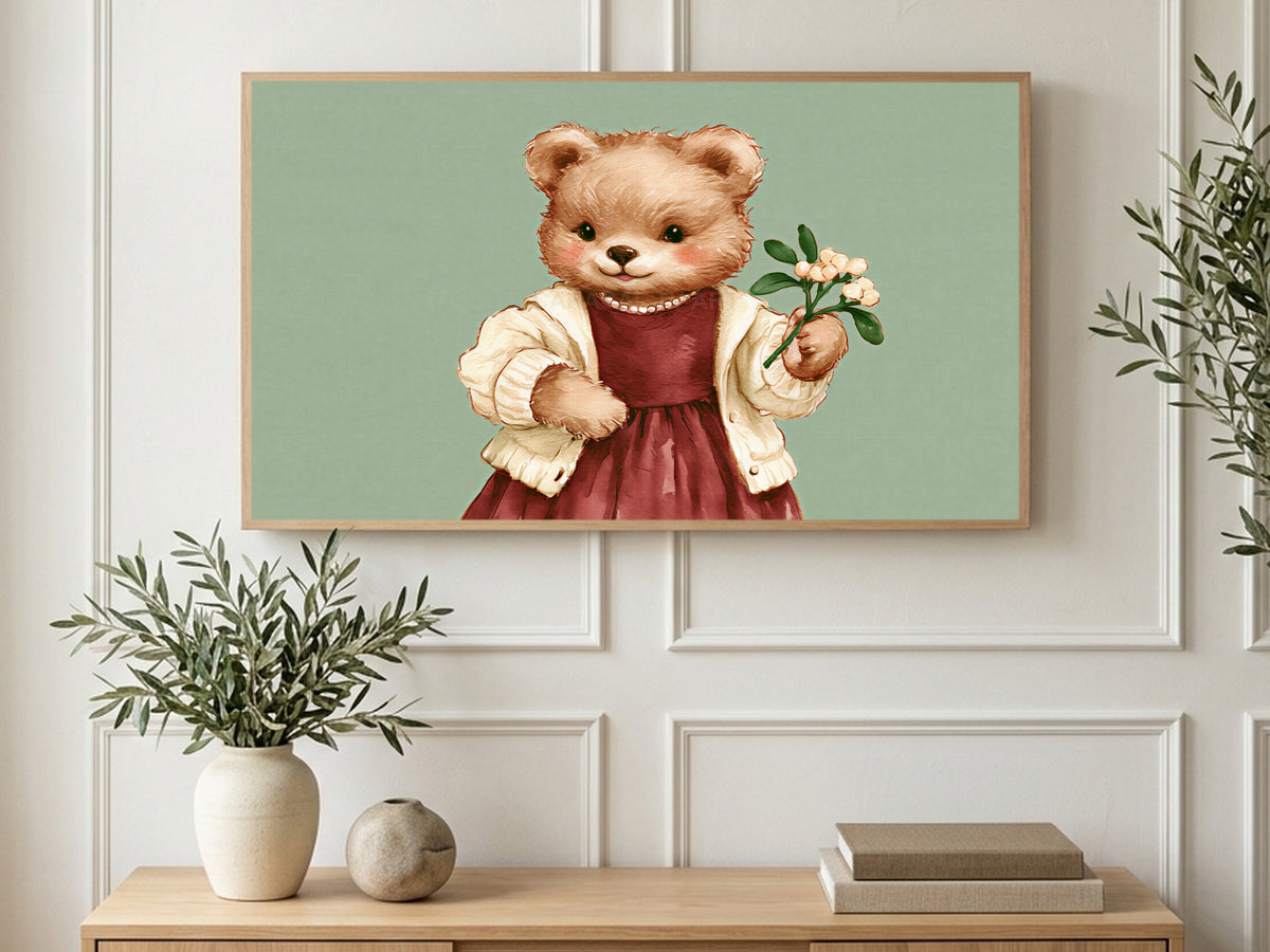 Teddy Bear in Pearls art on a TV in a living room