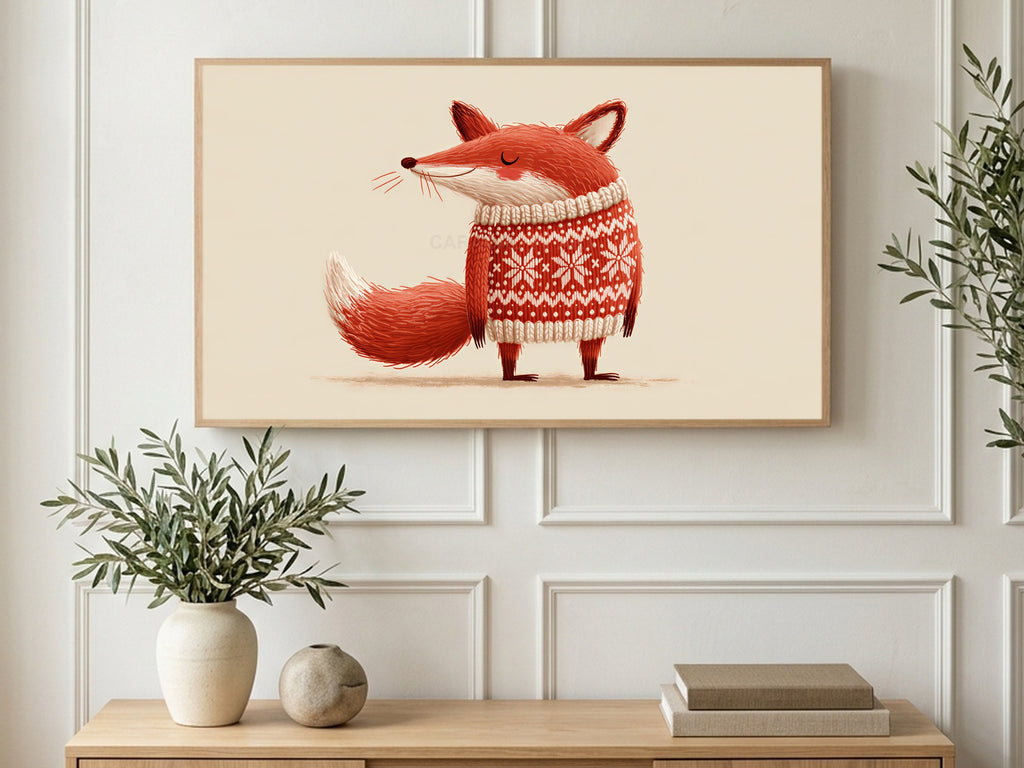 Nordic Sweater Fox art on a TV in a living room