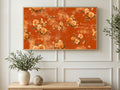 Beaded Flowers on Denim art on a TV in a living room