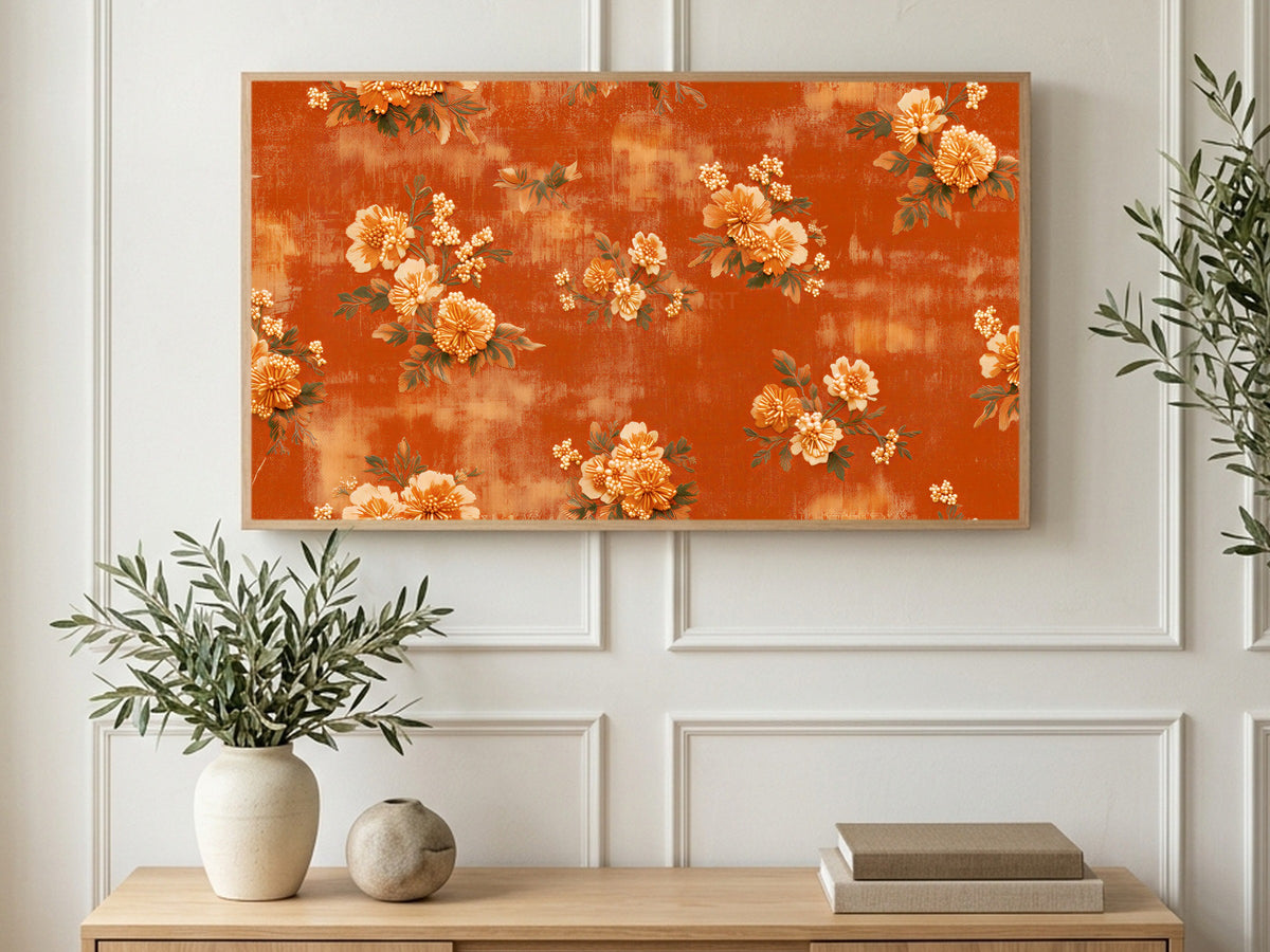 Beaded Flowers on Denim art on a TV in a living room