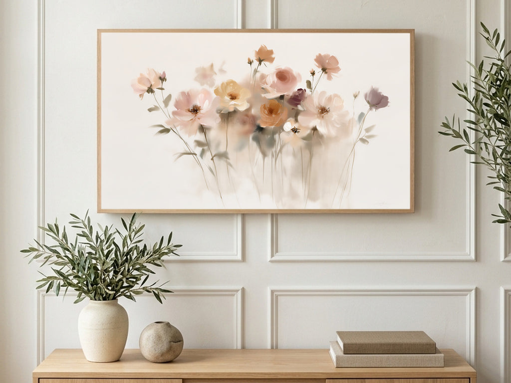 Misty Blush Wildflowers art on a TV in a living room