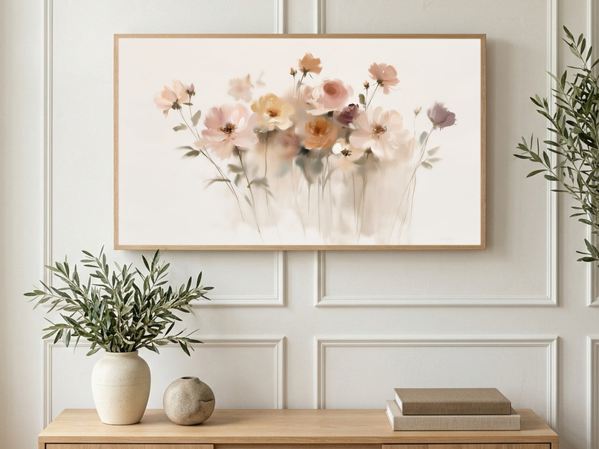 Misty Blush Wildflowers art on a TV in a living room