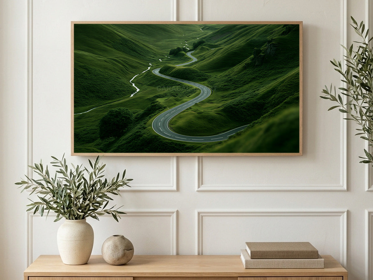 Winding Road Green Hills art on a TV in a living room