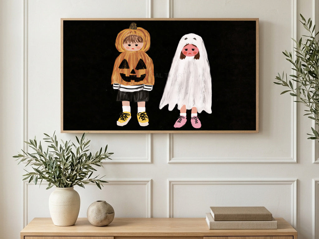 Grumpy Trick or Treaters art on a TV in a living room