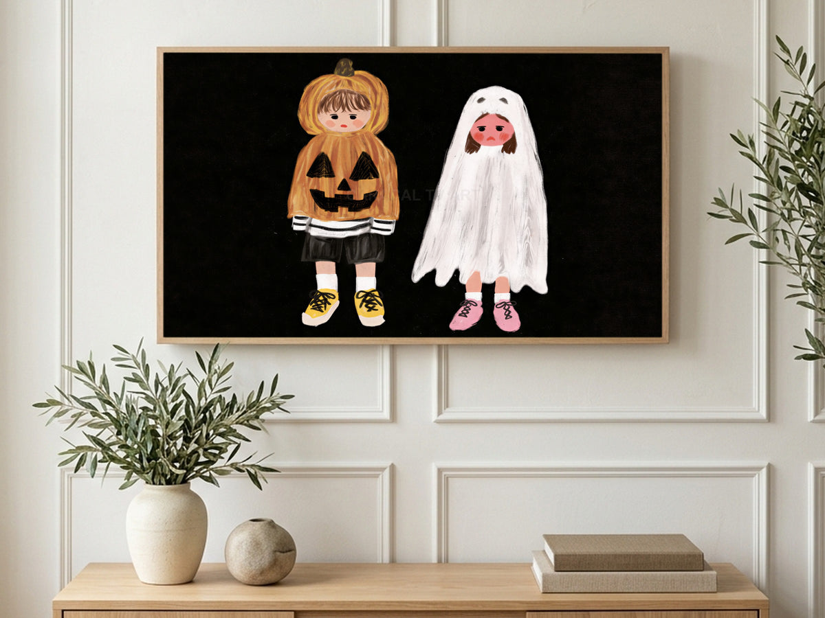 Grumpy Trick or Treaters art on a TV in a living room