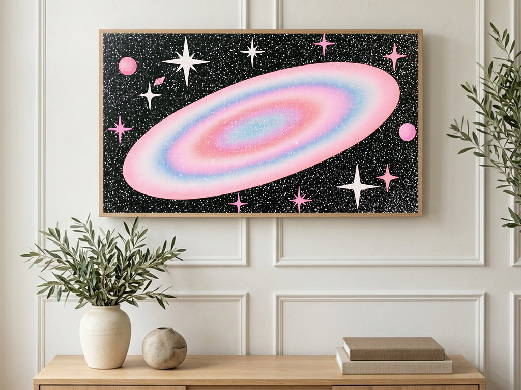 Pastel Pink Galaxy art on a TV in a living room
