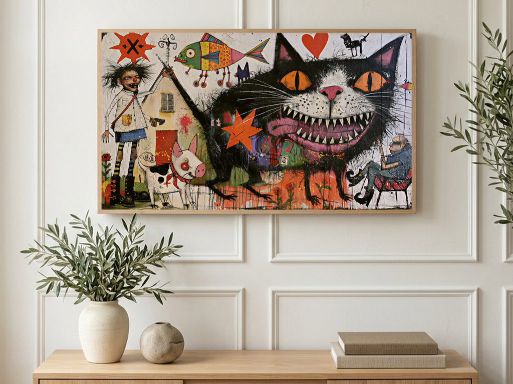 Giant Grinning Cat art on a TV in a living room
