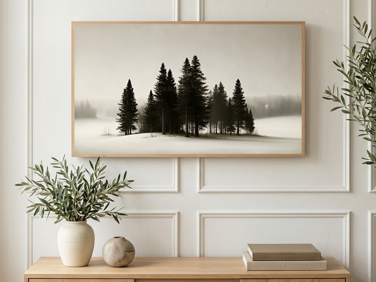 Misty Pine Grove art on a TV in a living room