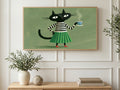 Teatime Black Cat art on a TV in a living room