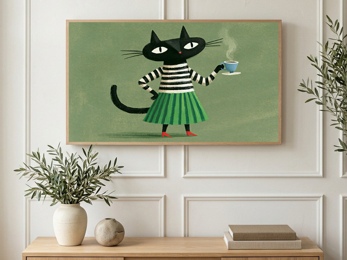Teatime Black Cat art on a TV in a living room