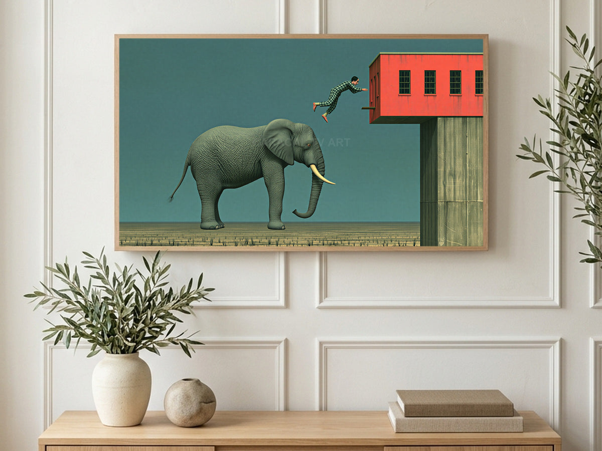 Elephant Parkour Leap art on a TV in a living room