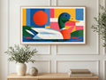 Color Block Mallard art on a TV in a living room