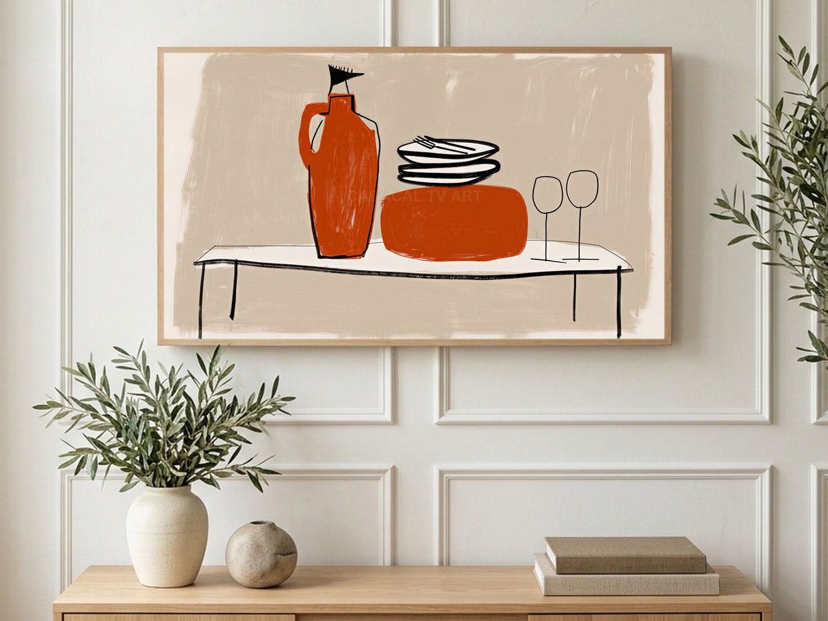 Clay Jug and Plates art on a TV in a living room