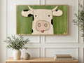 Silly Cow Portrait art on a TV in a living room