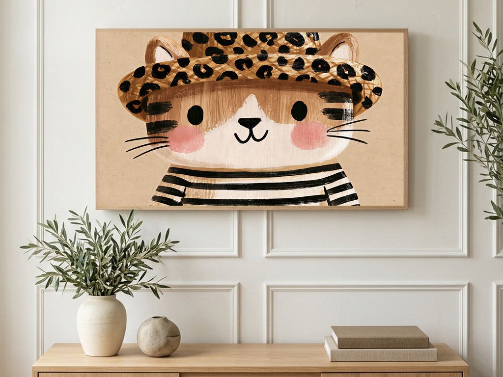 Leopard Hat Kitten art on a TV in a living room