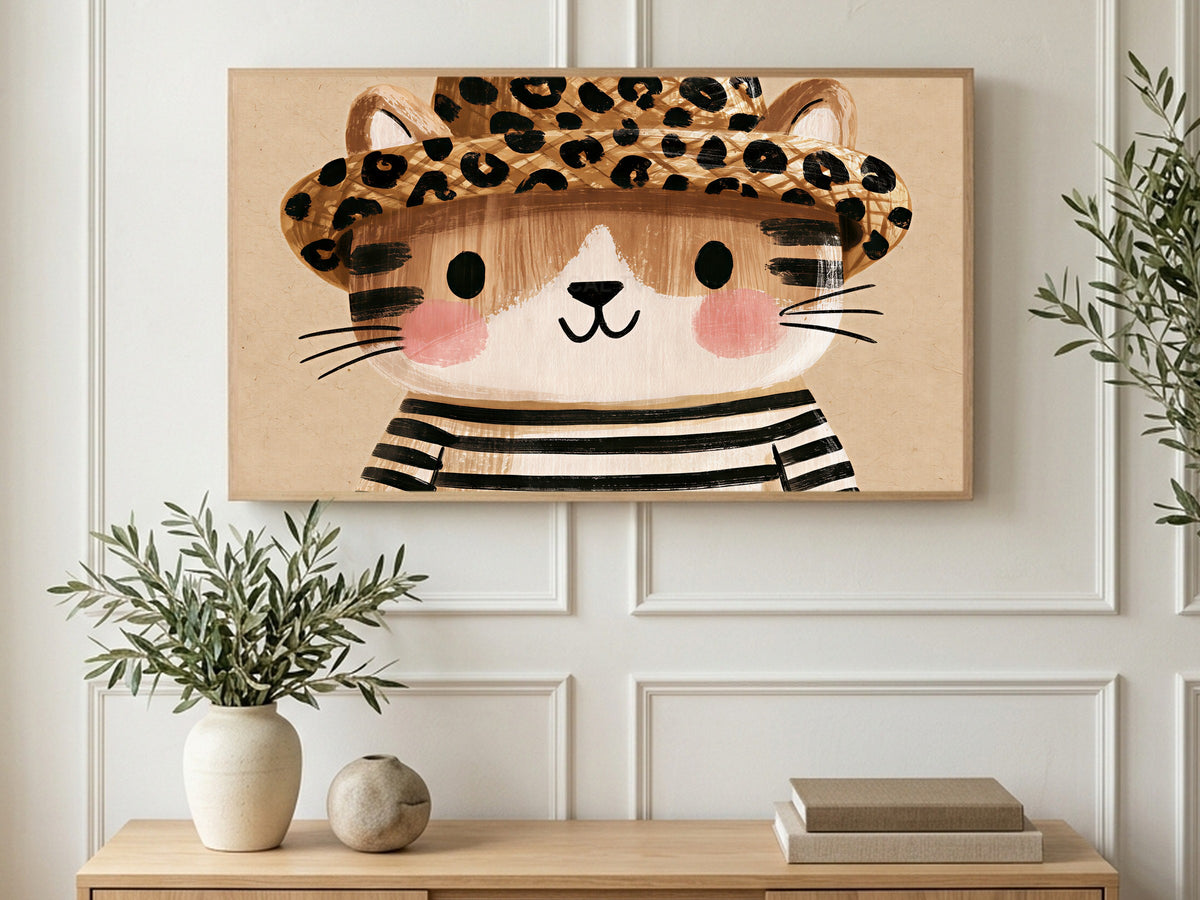 Leopard Hat Kitten art on a TV in a living room