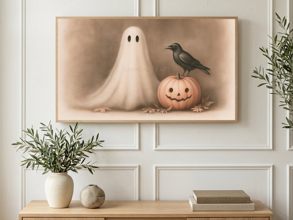 Sepia Ghost and Crow art on a TV in a living room