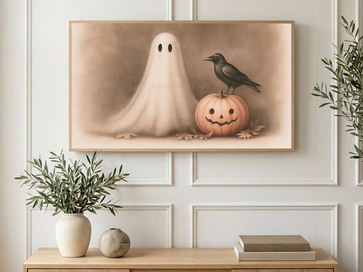 Sepia Ghost and Crow art on a TV in a living room