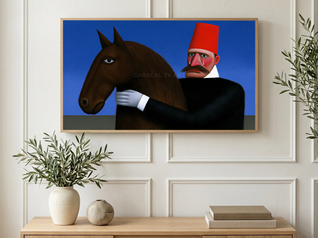 Red Fez and Horse art on a TV in a living room