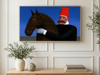 Red Fez and Horse art on a TV in a living room
