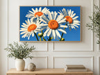 Four Painted Daisies art on a TV in a living room