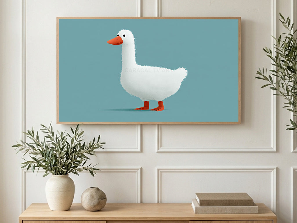 Lone White Duck art on a TV in a living room