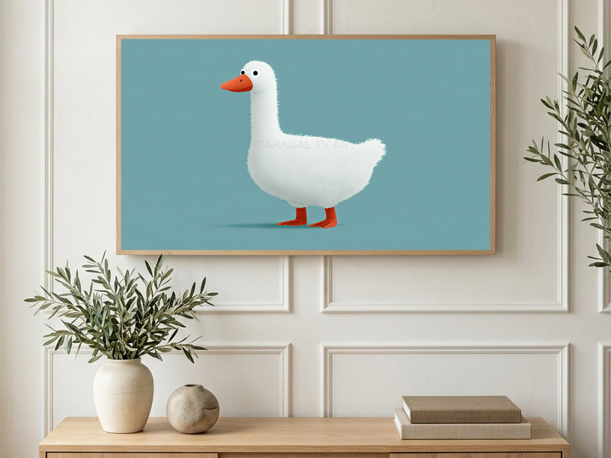 Lone White Duck art on a TV in a living room
