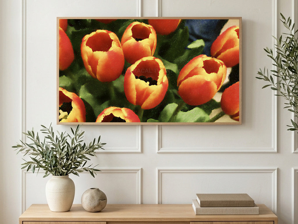 Golden Edge Tulips art on a TV in a living room