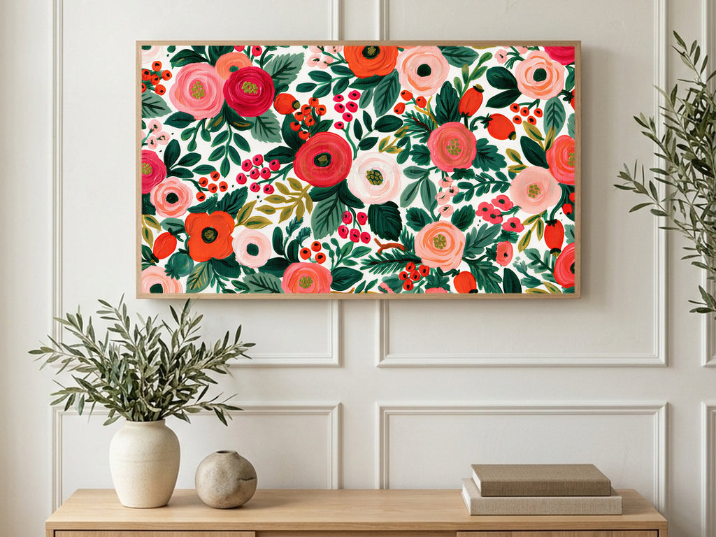 Painted Roses and Berries art on a TV in a living room
