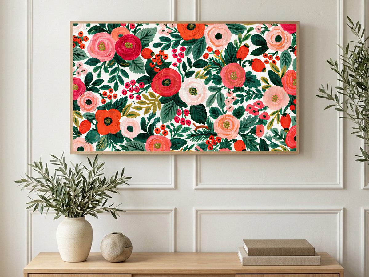 Painted Roses and Berries art on a TV in a living room