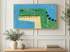 Toothy Green Dinosaur art on a TV in a living room