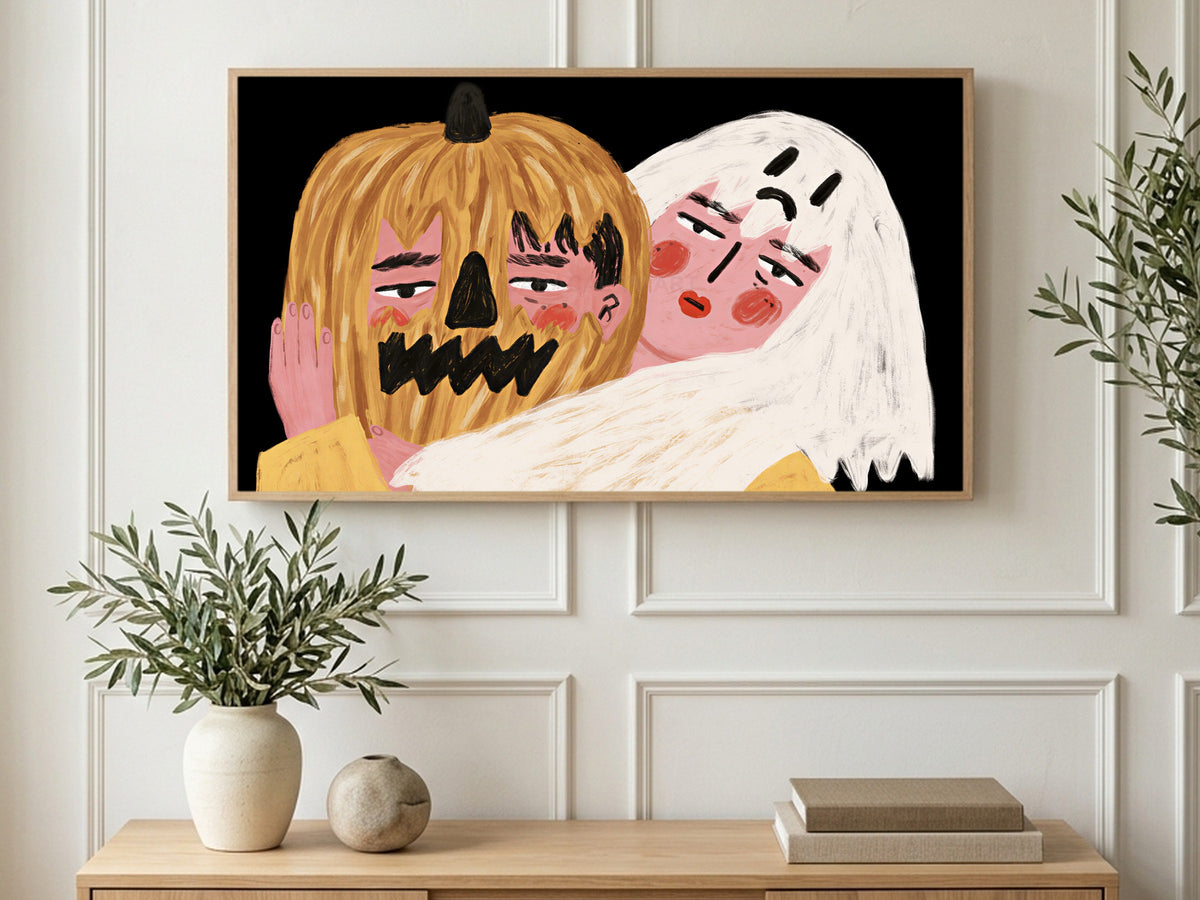 Sleepy Pumpkin Pals art on a TV in a living room
