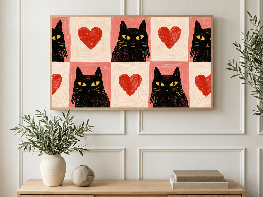 Checkerboard Cats and Hearts art on a TV in a living room