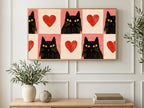 Checkerboard Cats and Hearts art on a TV in a living room