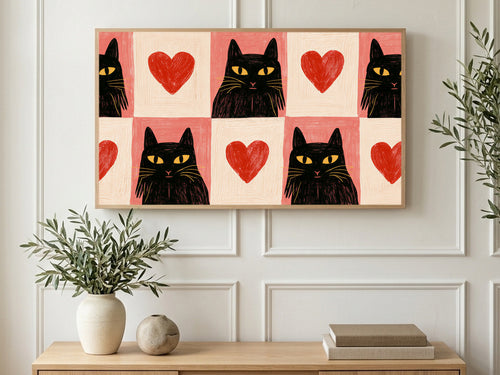 Checkerboard Cats and Hearts art on a TV in a living room